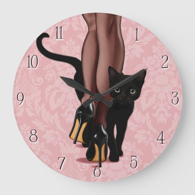 Grande Horloge Ronde Femme élégante et chat noir (Recto)