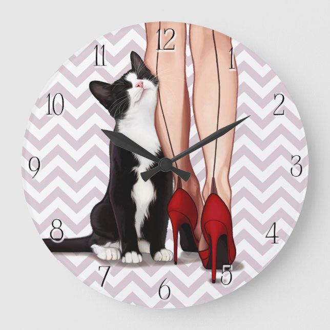 Grande Horloge Ronde Femme et chat Tuxedo (Recto)
