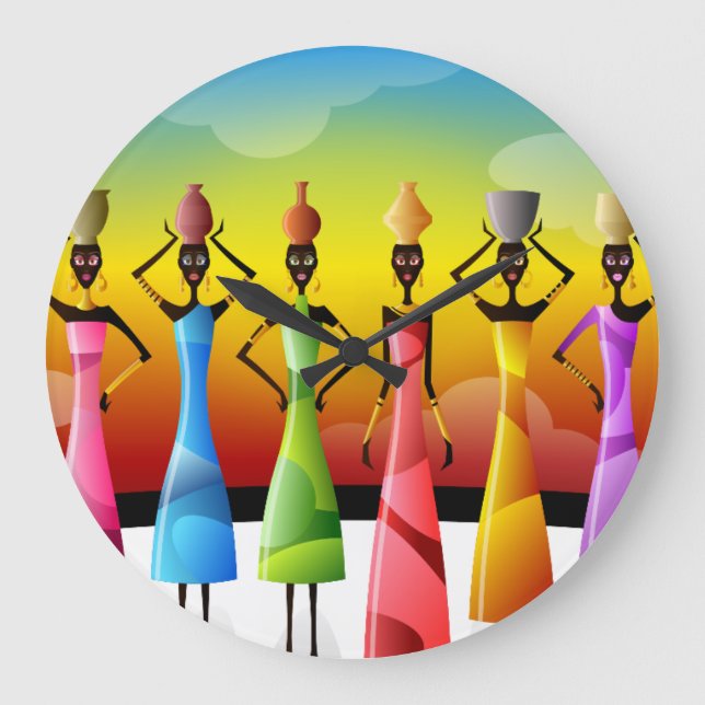 Grande Horloge Ronde Femmes africaines avec poterie sur la tête (Recto)