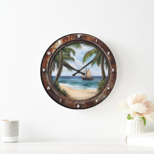 Grande Horloge Ronde Fenêtre nautique Retraite côtière Rustic Beach
