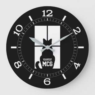 Grande Horloge Ronde Fenêtre personnalisée Cadran noir chat sur une