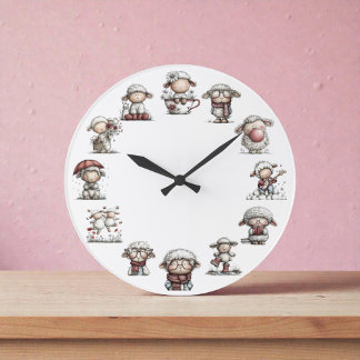 Grande Horloge Ronde Ferme Animale Fantaisiste Mouton