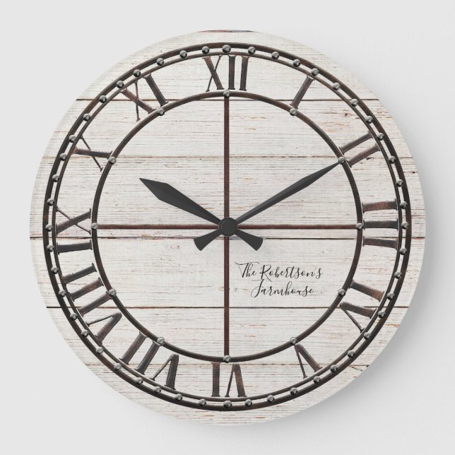 Grande Horloge Ronde Ferme White Shiplap Wood Rustique Farm Art (Recto)