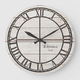 Grande Horloge Ronde Ferme White Shiplap Wood Rustique Nom de famille