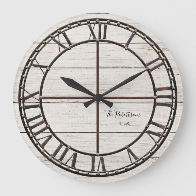 Grande Horloge Ronde Ferme White Shiplap Wood Rustique Nom de famille (Recto)