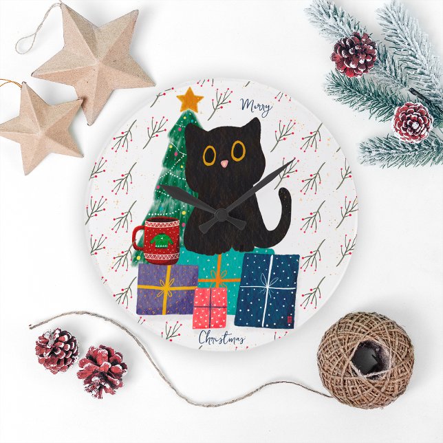 Grande Horloge Ronde Festif Joyeux Noël mignon Cat noir café Art (Créateur téléchargé)