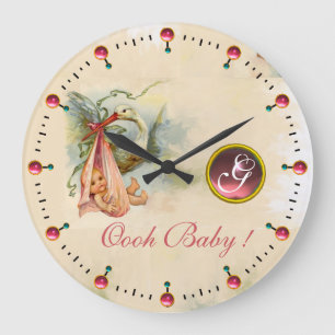 GRANDE HORLOGE RONDE FETE DE BÉBÉ FILLE STORK MONOGRAMME PIERRE PINKGEM