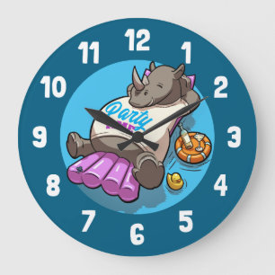 Grande Horloge Ronde Fête Heure Funny Rhino Piscine Dessin