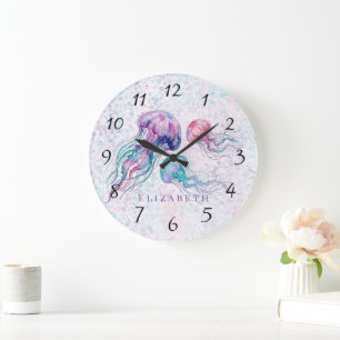 Grande Horloge Ronde Fête Prénatale Bébé Fille Méduses de Teal et Viole