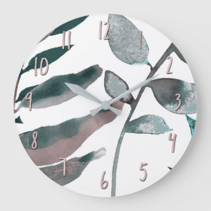 Grande Horloge Ronde Feuillage botanique aquarelle de couleur rose rust