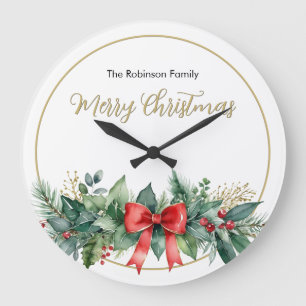 Grande Horloge Ronde Feuillage de fête Ruban rouge Noël élégant