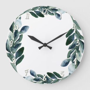 Grande Horloge Ronde Feuillage de verdure à l'aquarelle verte Botanique