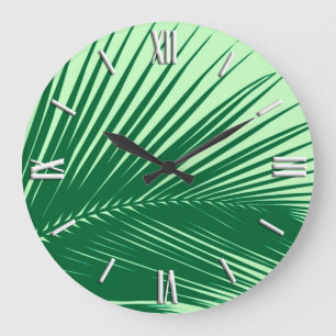 Grande Horloge Ronde Feuille de palme - émeraude et vert citron