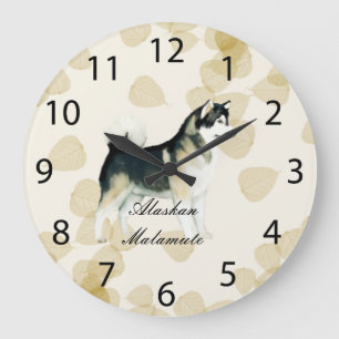 Grande Horloge Ronde Feuille Motiff de Tan de ~ de Malamute d'Alaska