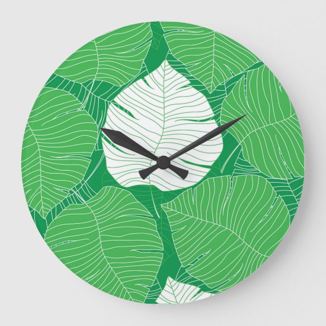 Grande Horloge Ronde feuille tropicale Abstraite, peinture artistique. (Recto)