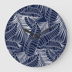 Grande Horloge Ronde Feuille tropicale, arrière - plan bleu marine