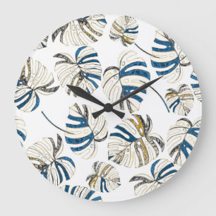 Grande Horloge Ronde Feuille tropicale colorée, motif moderne.