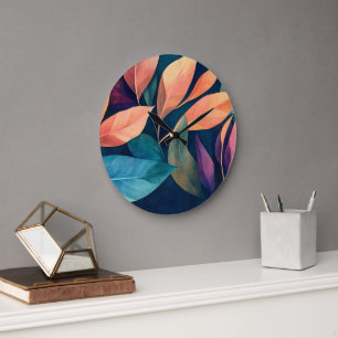 Grande Horloge Ronde Feuilles Abstraites Colorées