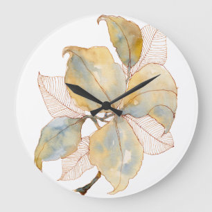 Grande Horloge Ronde Feuilles botaniques aquarelles bleu or mat