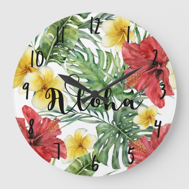 Grande Horloge Ronde Feuilles Botaniques Tropicales & Fleurs Florales A (Recto)