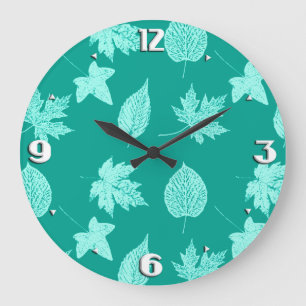 Grande Horloge Ronde Feuilles d'automne - aqua et turquoise