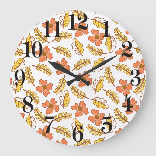 Grande Horloge Ronde Feuilles d'automne en chute chaude avec fleurs (Recto)