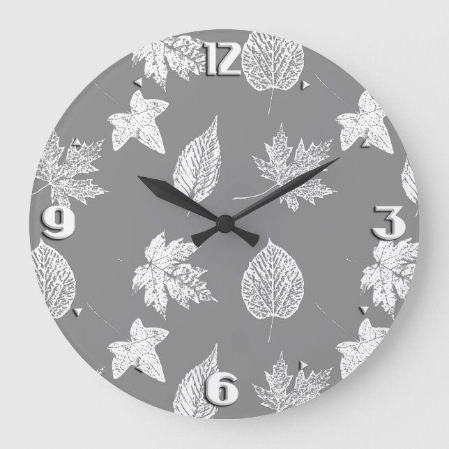 Grande Horloge Ronde Feuilles d'automne - gris argenté et blanc (Recto)