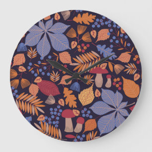 Grande Horloge Ronde Feuilles D'Automne, Illustration De Champignons Vi