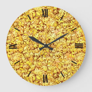 Grande Horloge Ronde Feuilles d'automne, jaune doré