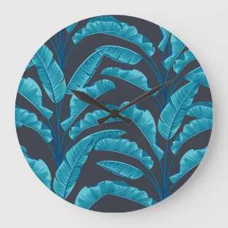 Grande Horloge Ronde Feuilles de bananes : Motif tropical Vintage.