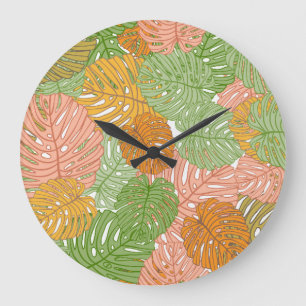Grande Horloge Ronde Feuilles de monstère tropicale, coloré et transpar