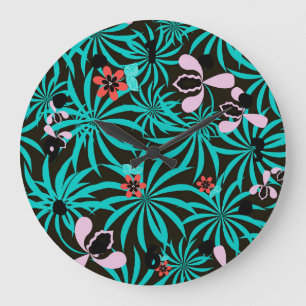 Grande Horloge Ronde Feuilles de palmier de jungle tropicale fleurs d'o