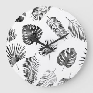 Grande Horloge Ronde Feuilles de palmier noir : vintage sans soudure.