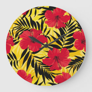 Grande Horloge Ronde Feuilles de palmiers à fleurs tropicales, motif vi