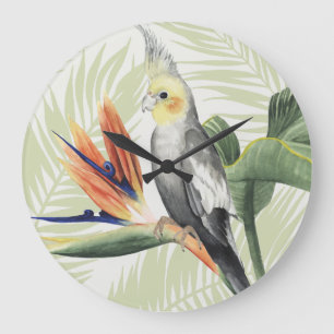 Grande Horloge Ronde Feuilles de palmiers à oiseaux noirs