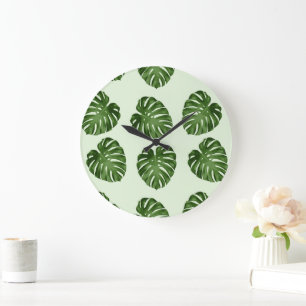 Grande Horloge Ronde Feuilles de palmiers, Feuilles verts, Motif tropic