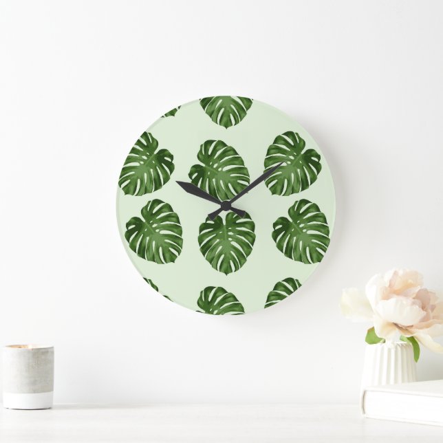 Grande Horloge Ronde Feuilles de palmiers, Feuilles verts, Motif tropic (Maison)