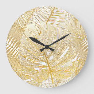 Grande Horloge Ronde Feuilles de palmiers tropicaux : motif vintage.