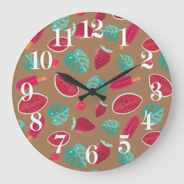 Grande Horloge Ronde Feuilles de poissonnerie, cerise, fraise et pastèq (Recto)