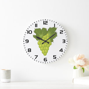 Grande Horloge Ronde Feuilles de vigne de raisins verts Fruits frais