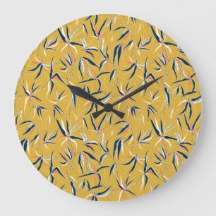 Grande Horloge Ronde Feuilles en bambou : Motif Vintage jeté