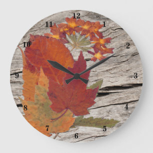 Grande Horloge Ronde Feuilles et fleurs d'automne sur le bois LOOK Horl