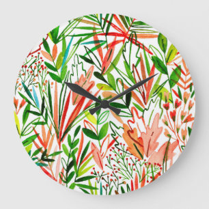Grande Horloge Ronde Feuilles exotiques, fleurs, aquarelle de la forêt 