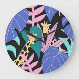 Grande Horloge Ronde Feuilles exotiques : Motif de girafe sans couture