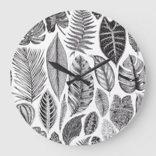 Grande Horloge Ronde Feuilles exotiques, vintage floral noir et blanc.