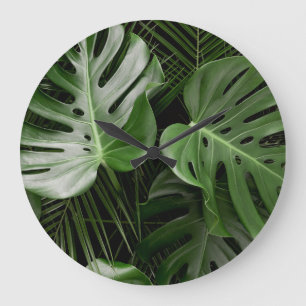 Grande Horloge Ronde Feuilles Monstera, aménagement tropical de luxe.