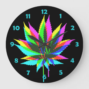 Grande Horloge Ronde Feuilles Plantes sauvages - couleur néon + vos idé
