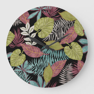 Grande Horloge Ronde Feuilles sombres tropicaux : Motif textile