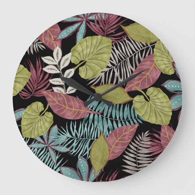 Grande Horloge Ronde Feuilles sombres tropicaux : Motif textile (Recto)