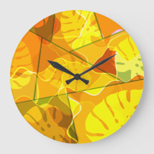 GRANDE HORLOGE RONDE FEUILLES TROPICALES ABSTRAITES